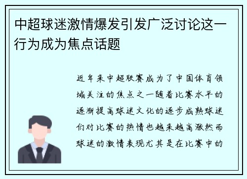 中超球迷激情爆发引发广泛讨论这一行为成为焦点话题